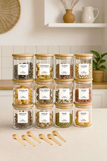 Kitchen Life 12-Piece Borosilicate Glass Spice Jar Set with Bamboo Spoons and Bamboo Lids