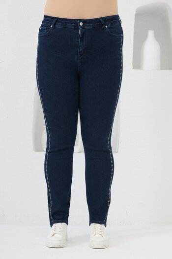 RMG Large Size Jeans with Stone Print on the Sides Navy Blue