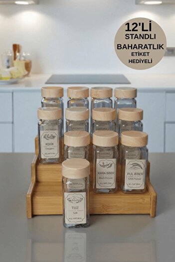 İLİVA 12-Piece Square Glass Spice Jar Set with Bamboo Stand, Label Storage Container, Kitchen Organization Organizer