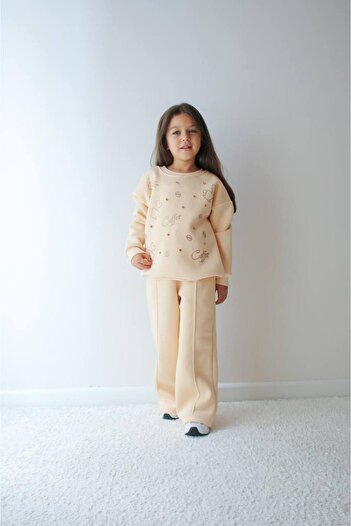 NURTOPU Girl's Suit Top and Bottom Set 3-Thread Ribbed Thick Winter Tracksuit 100% Cotton