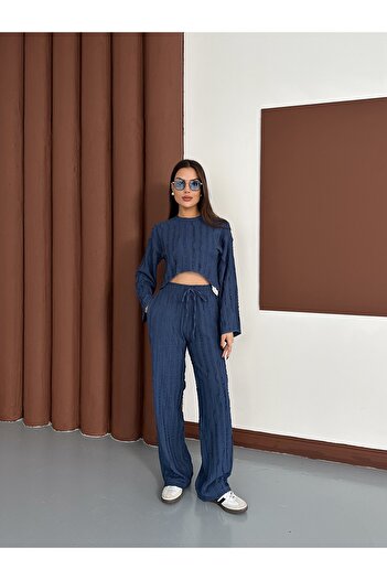 LE CARAMBOLE Women's Indigo Spanish Sleeve Ruffle Fabric Bottom Top Set