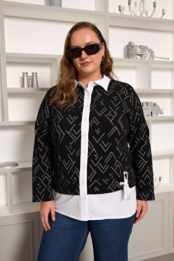 RMG Poplin Garnished Plus Size Black Cardigan