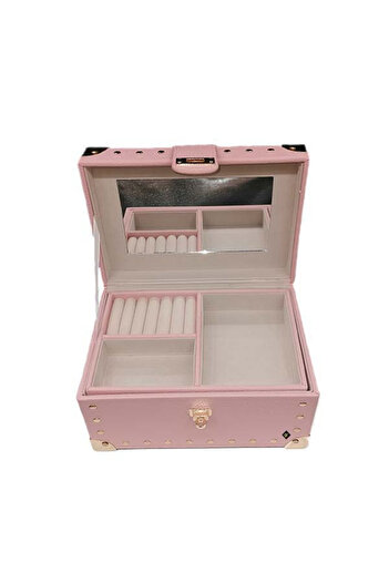 velve Chest-shaped jewelry and accessories box with mirror, made of genuine leather, pink