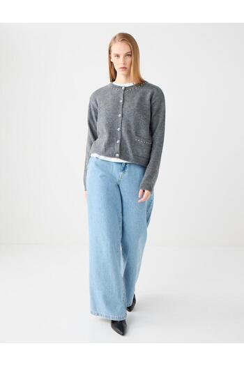 Jimmy Key Gray Round Neck Straight Cut Knitwear Cardigan