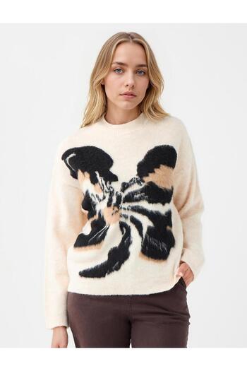 Jimmy Key Cream Color Round Neck Patterned Knitwear Sweater