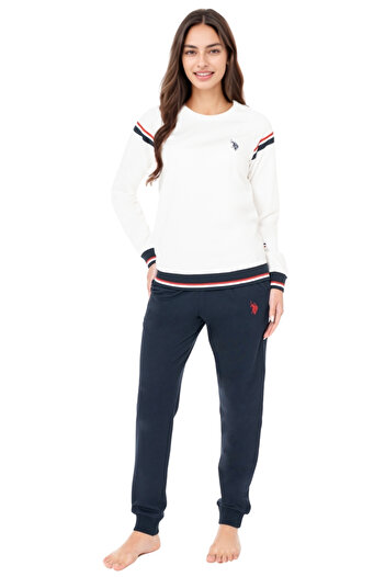 U.S. Polo Assn. Women's Stripe Detailed Ecru Pajama Set – Comfortable and Stylish Sleepwear Set