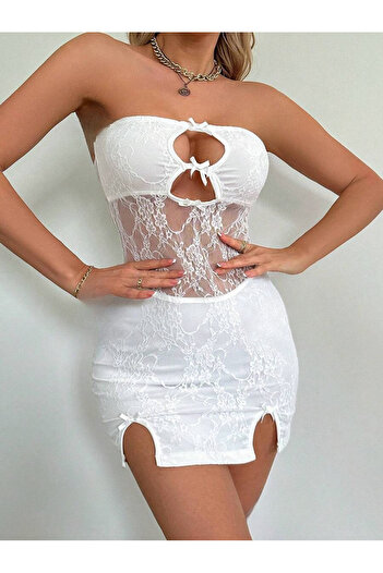 SiaLess Lingerie White Lace Slit Detailed Mini Dress