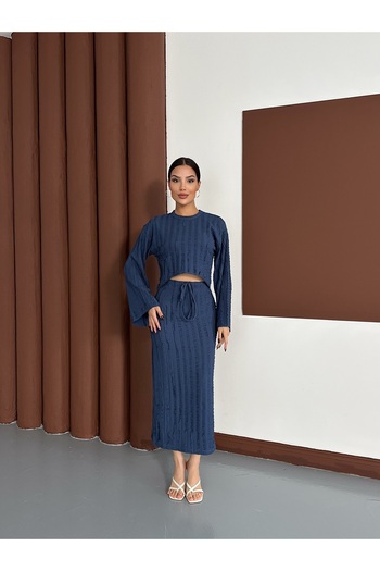 MODAMERSİ Women's Indigo Spanish Sleeve Ruffle Fabric Skirt Suit