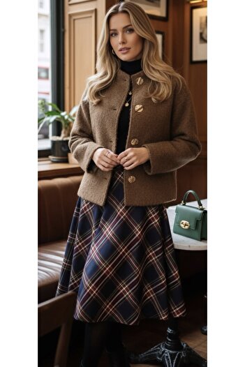 mor butik Women's Brown Coat - Short with Gold Button Detail