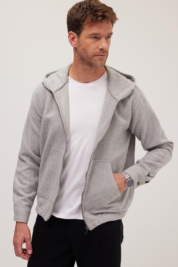 Tudors Men's Relax Fit Comfortable Cut Zippered Double Pocket Hooded Light Gray Jacket Shirt