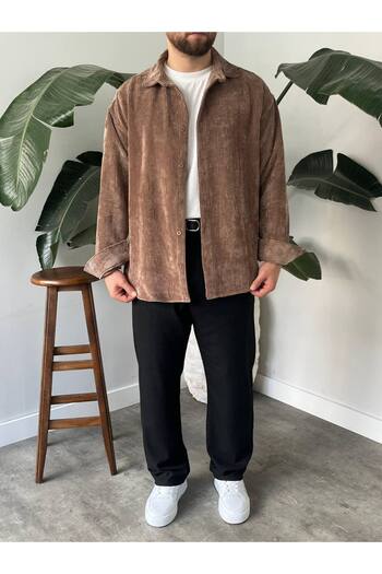 BayAygün 5103 Oversize Velvet Shirt _Light Brown