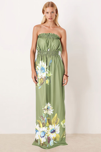 armonika Women's Khaki Robe Elastic Strapless Slit Long Dress Arm-25Y001105