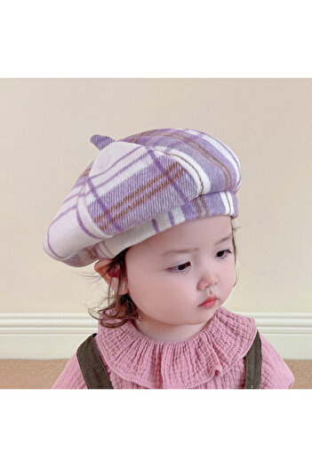 Superbaby Lilac checked beret for girls