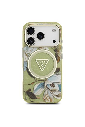 Guess Original IML Metal Glitter Flowers Triangle MagSafe iPhone 17 Pro Case, Green