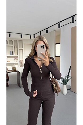 Sezgi Tekin Collar Zippered Brown Corduroy Blouse