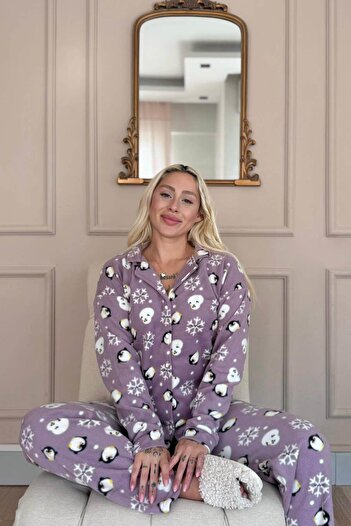 Pijamaevi Lila Penguin Patterned Front Buttoned Plush Fleece Pajama Set