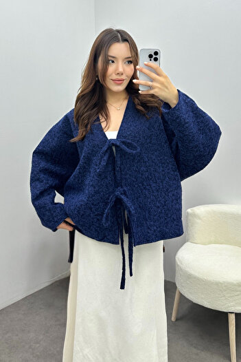 Yefrastore Women's Navy Blue Imported Cashmere Jacket with Lace Detail
