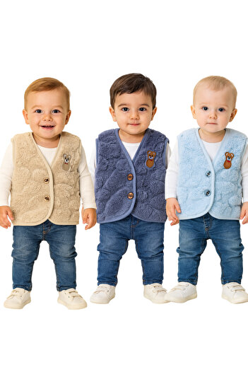 minikiss 3 Pcs Plush Welsoft Embossed Fabric Baby Kids Vest with Buttons and Teddy Bear Pattern