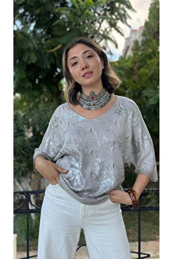 Punta Otantik Nc6016 Italian Fakir Sleeve Printed Thin Knitwear Blouse Stone