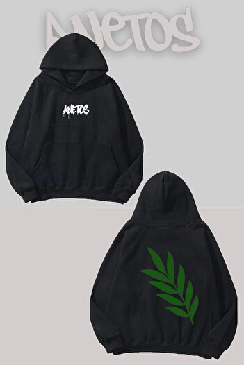 Anetos Leaf Back Printed Black Hooded Sweatshirt