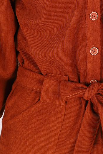 armonika Women's Tan Front Buttoned Pocketed Belted Velvet Jumpsuit Arm-25K001084