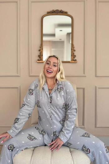 Pijamaevi Gray Dreamy Bear Patterned Front Buttoned Plush Fleece Pajama Set