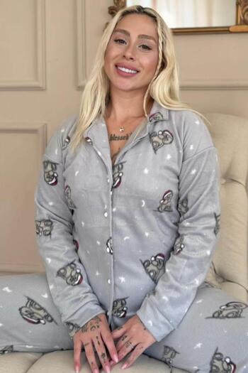 Pijamaevi Gray Dreamy Bear Patterned Front Buttoned Plush Fleece Pajama Set