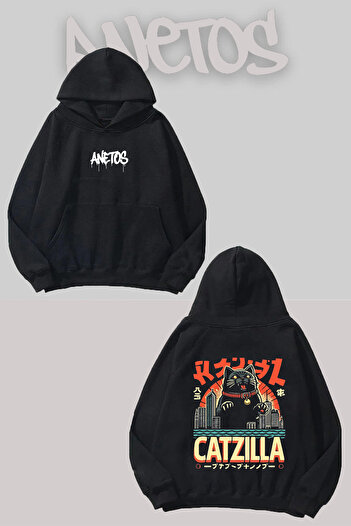 Anetos Catzilla Back Printed Black Hooded Sweatshirt