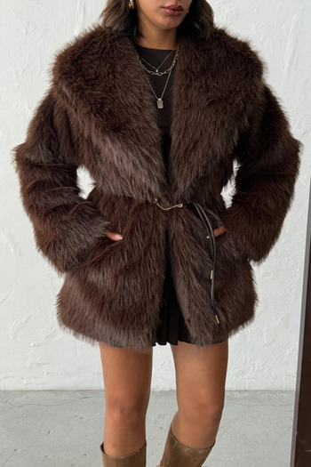 Nana & Mayka Moda Women's Brown Belted Shawl Collar Faux Fur Coat – Lined, Double Breasted, Overcoat