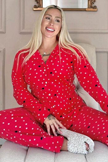 Pijamaevi Red Point Heart Patterned Front Buttoned Plush Fleece Pajama Set