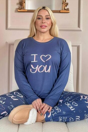 Pijamaevi Navy Blue Love You Patterned Thermal Women's Pajama Set