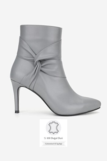 TUNAELLİ Women's Gray Genuine Natural Leather Size 36-41 Thin Heel Pointed Toe Boots & Booties