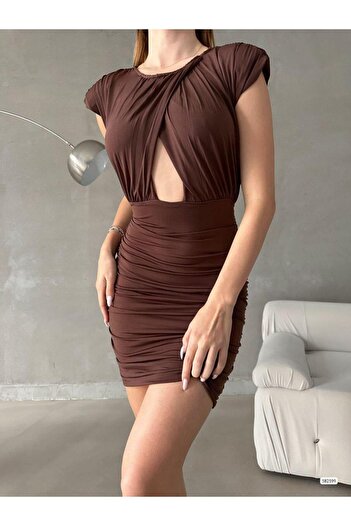 Modafeminen Padded Window Detail Gathered Mini Size Sandy Fabric Dress 582599 Brown