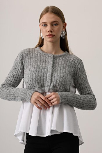 VAGGON Women's Gray Knitwear Panel Detailed Layered Blouse Vs01249