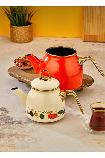 CEZVE HOME Balkabağı Desenli Midi Emaye Çaydanlık Seti