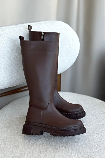 MODAADAM Women's Kimber Thick Sole Below-Knee Leather Boots - Brown-Leather