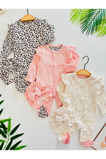 Minizade Leogirl 100% Cotton 3 Bandana 3 Romper Set Organic Romper Set Newborn Romper