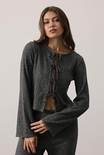 VAGGON Women's Anthracite Lace-Up Long Sleeve Bow Knitwear Blouse Vs01242