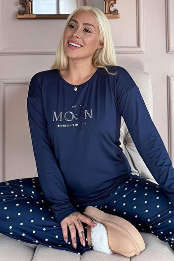 Pijamaevi Navy Blue Moon Patterned Bamboo Long Sleeve Women's Pajama Set