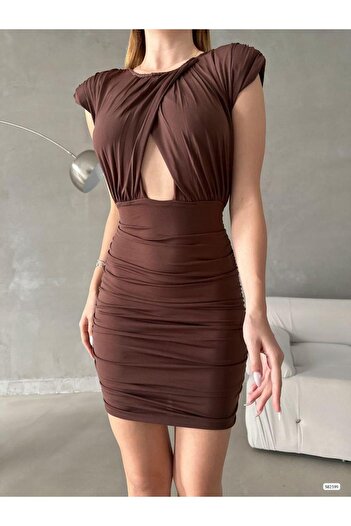 Modafeminen Padded Window Detail Gathered Mini Size Sandy Fabric Dress 582599 Brown