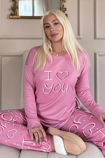 Pijamaevi Pink Love You Patterned Thermal Women's Pajama Set