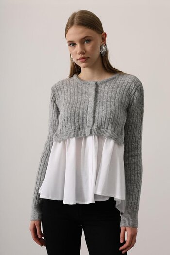 VAGGON Women's Gray Knitwear Panel Detailed Layered Blouse Vs01249