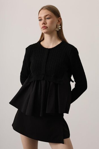 VAGGON Women's Black Knitwear Panel Detailed Layered Blouse Vs01249