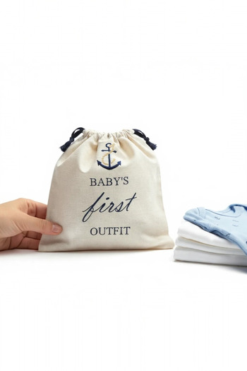 AngelButik Bebek İlk Kıyafet Çantası – Amerikan Bezi, Nakışlı, Denizci Temalı, Hastane Çıkışı Saklama Torbası