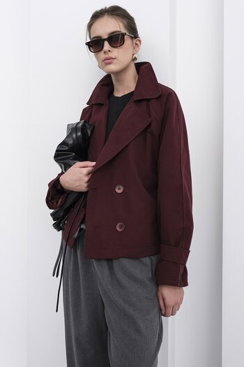 VAGGON Women's Burgundy Double Button Double Breasted Collar Short Trench Coat Vs01233