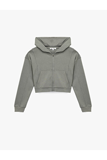 Koton Comfortable Fit Kangaroo Pocket Zippered Washable Hooded Crop Sweatshirt