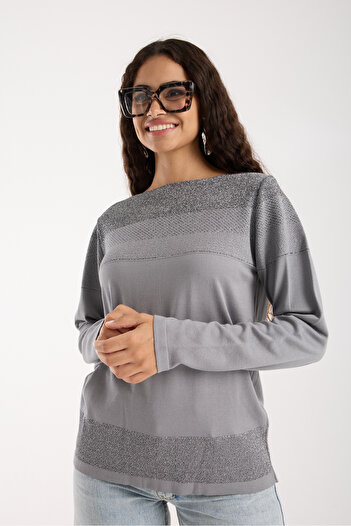 Moda Days Women's Gray Viscose Fabric Boat Neck Glittery Knit Blouse