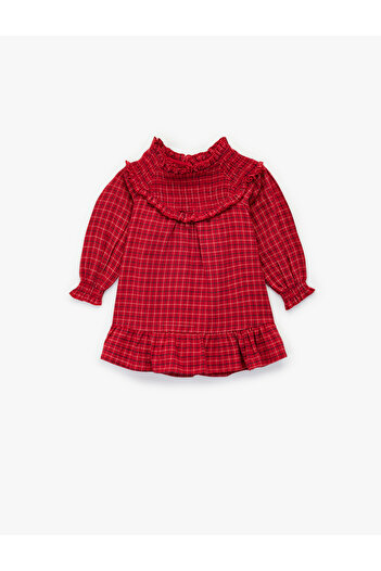 Koton Cotton Ruffled Collar Long Sleeve Plaid Dress