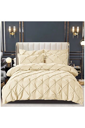 Lenjeria Pufoasa Bed Linen, 2 Persons, Plain with Pleats, 6 Pieces, Finet, Cream, 230 x 250cm