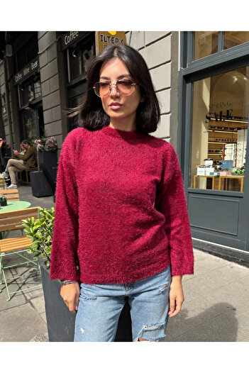 deqfashion Women's Burgundy Crew Neck Bearded Soft Knitwear Sweater